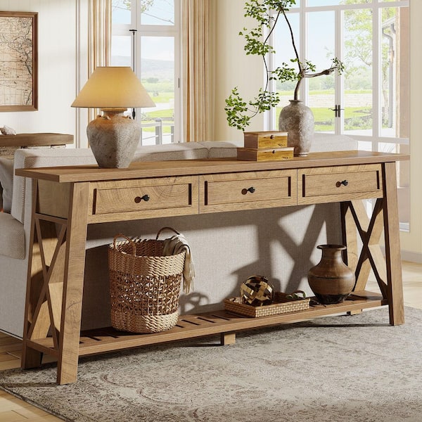 Turrella Farmhouse 70.87 in. Light Oack Rectangle Wood Console Table with Storage Drawers and Shelves, Wooden Frame