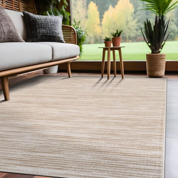 Linea Beige 5 ft. x 7 ft. Rubber Back Washable Modern Striped Indoor Outdoor Patio Area Rug