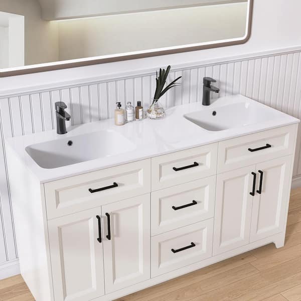 60 in. W x 22 in. D x 34.1 in. H Freestanding Solid Wood Bath Vanity and Solid Surface Top Dual Basin Bath Cabinet White
