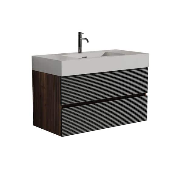 36 in. W Single Sink Floating Wall Mounted Black Bath Vanity with White Ceramic Top and 2-Drawers