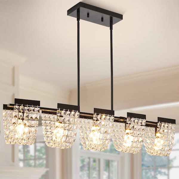 Magic Home 5-Light Black Rectangle Luxury Chandelier with K9 Crystals for Kitchen Dining Room (No Bulbs Included)