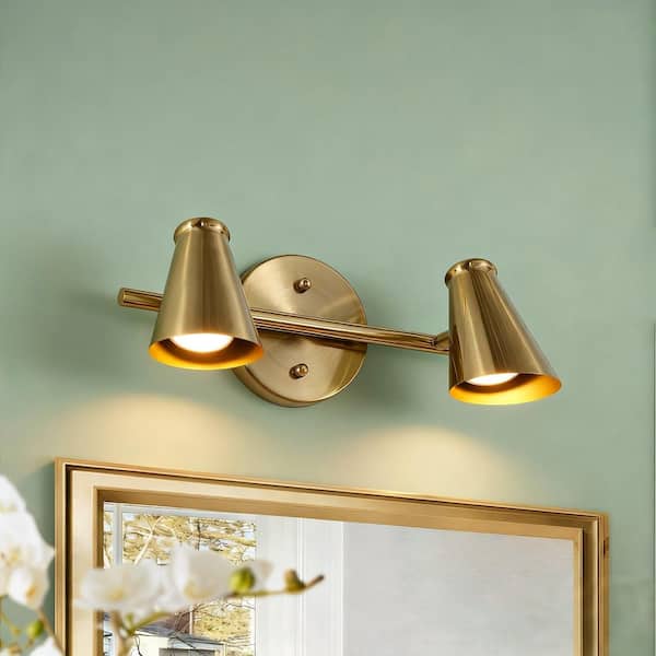 14.5 in. Adjustable Classic Brass Gold Vanity Light for Bathroom, 2-Light Vintage Wall Sconce with Cone Shade Wall Lamp