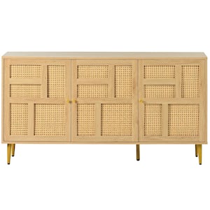 57 in. W x 15.7 in. D x 30 in. H Natural Beige Wood Linen Cabinet with ﻿Adjustable Shelves and Rattan Doors