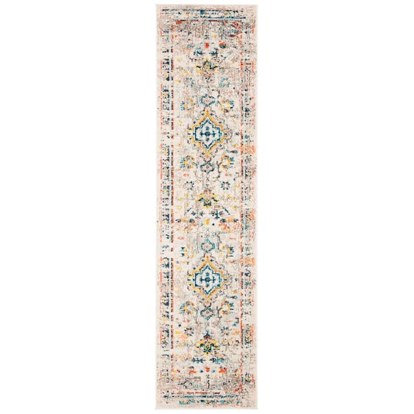 SAFAVIEH Madison Cream/Blue 2 ft. x 8 ft. Border Geometric Floral Medallion Runner Rug