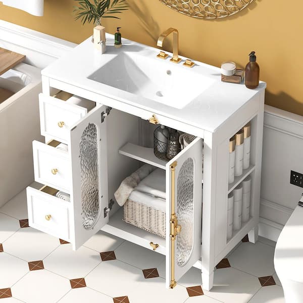 36 in. Freestanding White Bath Vanity with White Ceramic Top 2 Soft-close Doors and 3 Drawers