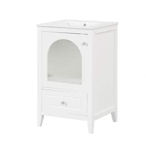 20 in. Freestanding White Bath Vanity with White Ceramic Top, Bathroom Cabinet with Soft Closing Glass Door and Drawer