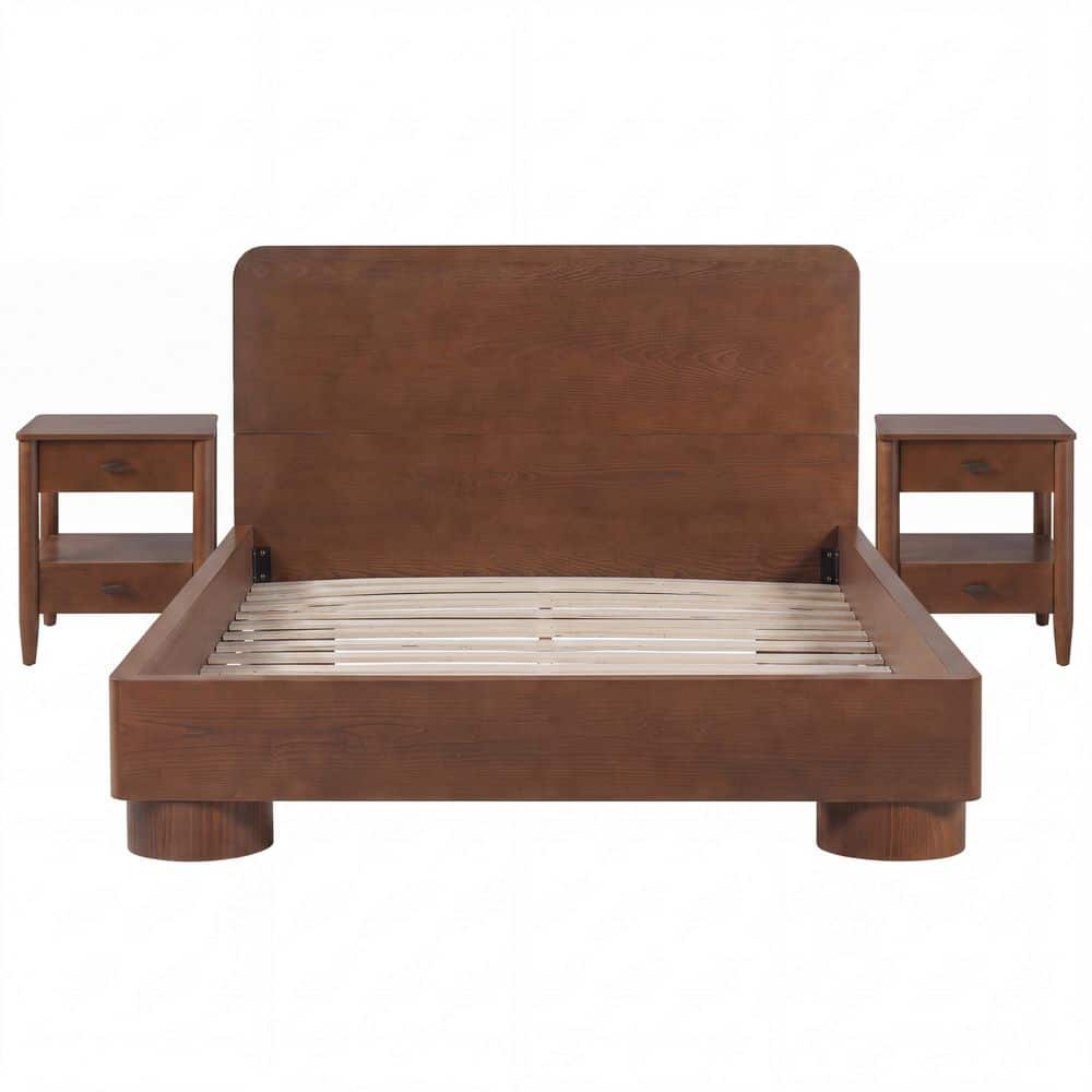 Modern 3-Piece Walnut Finish Wood Frame Queen Bedroom Set Platform Bed and 2-Drawer Nightstands