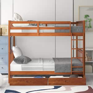 Walnut Full-Over-Full Bunk Bed with 2-Storage Drawers Solid Wood Bunks Bed Frame