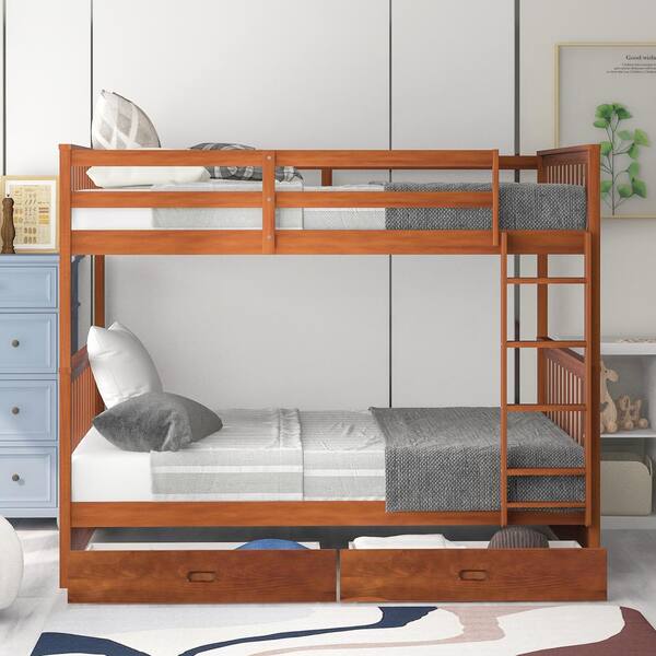 ANBAZAR Walnut Full-Over-Full Bunk Bed with 2-Storage Drawers Solid Wood Bunks Bed Frame