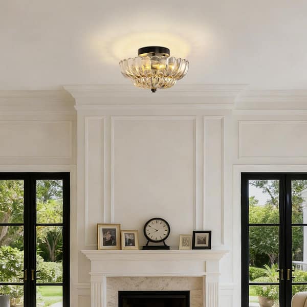 12 in. 3-Light Black Semi Flush Mount Ceiling Light with Amber Glass Shades for Bedroom, Living Room, Hallway, Ent