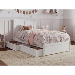 Felicity White Solid Wood Frame Twin Platform Bed with Panel Footboard and Storage Drawers