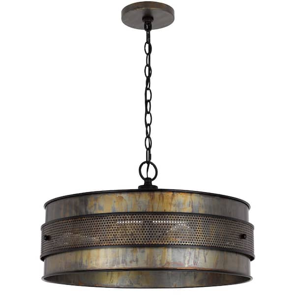 60-Watt 3-Light Aged Bronze Metal Chandelier with Metal Drum Shade