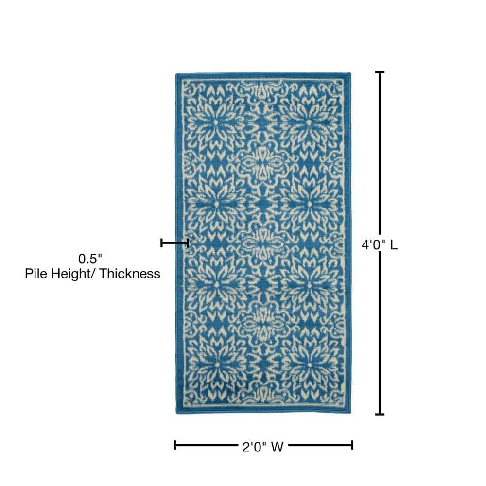 Ivory & Blue Floral Hand-Knotted Viscose Area Rug, 2' x 4'