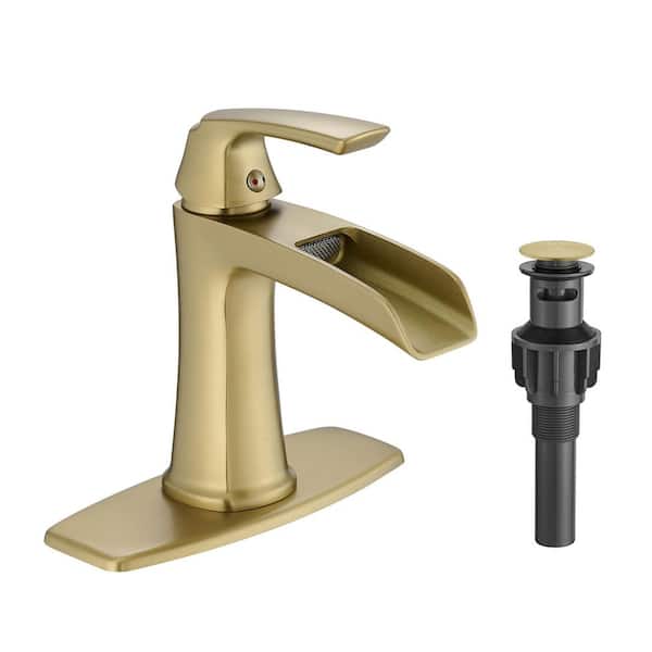 Single Handle Single Hole Waterfall Spout Bathroom Sink Faucet with Deckplate and Drain 1.8 GPM in Brushed Gold