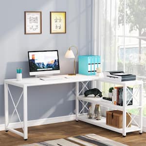 Capen 59 in. L-Shaped White Engineered Wood Computer Desk Reversible Corner Office Desk with Storage Shelves