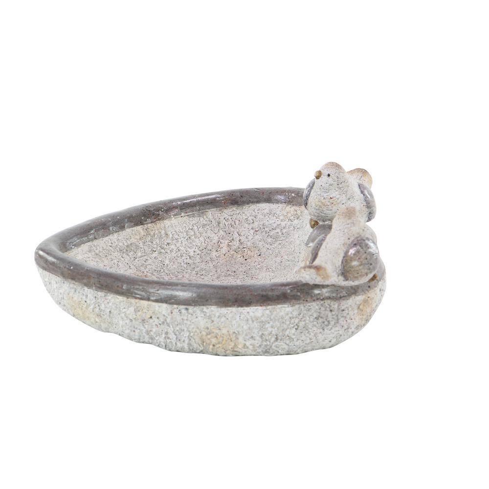 Gray Polystone Bird Garden Sculpture with Bath Bowl