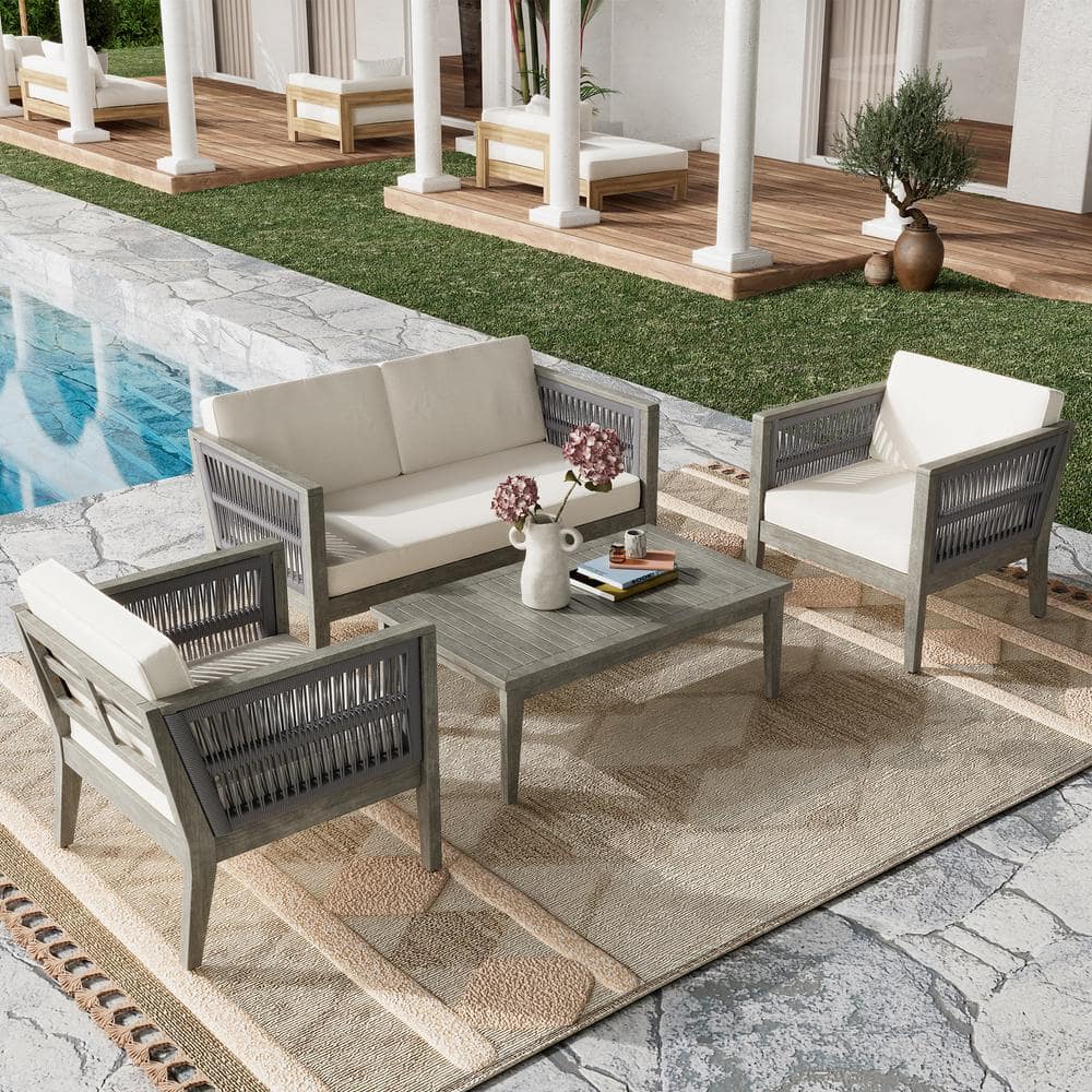4-Piece Wooden Acacia Outdoor Patio Conversation Furniture Set with Coffee 