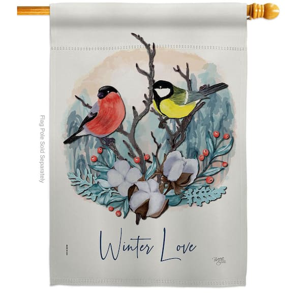 Breeze Decor 28 in. x 40 in. Winter Love Birds House Flag 2-Sided Garden Friends Decorative Vertical Flags