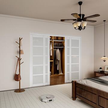 96 in. x 80 in. 5-Lite White Tempered Frosted Glass Closet Sliding Door with Hardware