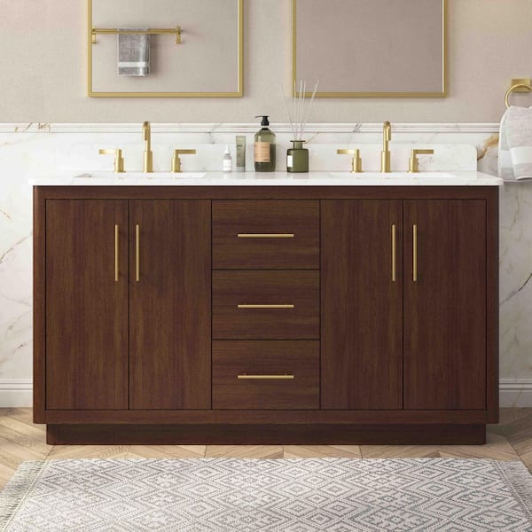 Grisel 61 in. Double Sink Freestanding Brown Bath Vanity with White Engineered Stone Top and Backsplash Assembled