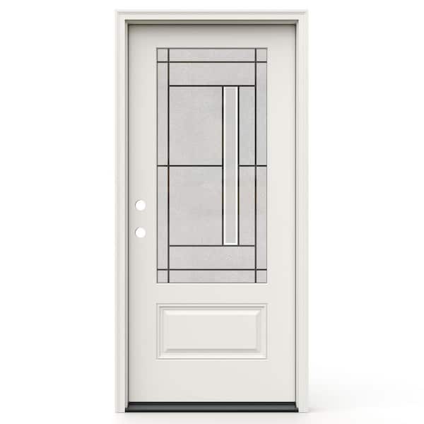 36 in. x 80 in. Right-H and 3/4 Lite Frameless Atherton Decorative Glass Primed Fiberglass Prehung Door W/ Brickmould