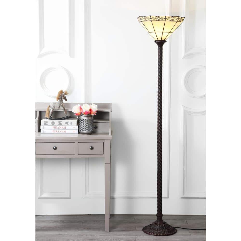 Moore Tiffany-Style Bronze Torchiere Floor Lamp with Multicolor Stained Glass