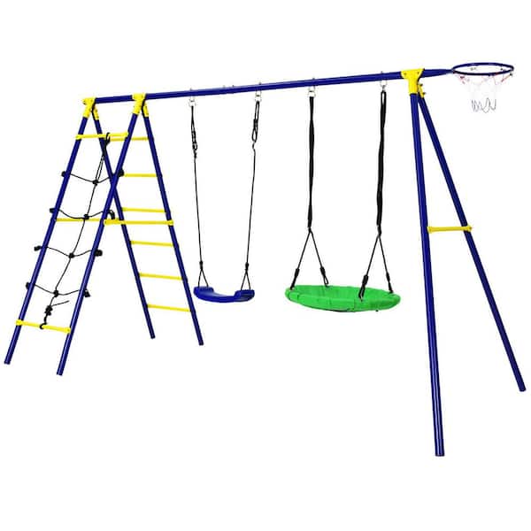 Gymax 5-in-1 Metal Outdoor Kids Patio Swing Set with Heavy-Duty Swing Frame and Ground Stakes Backyard