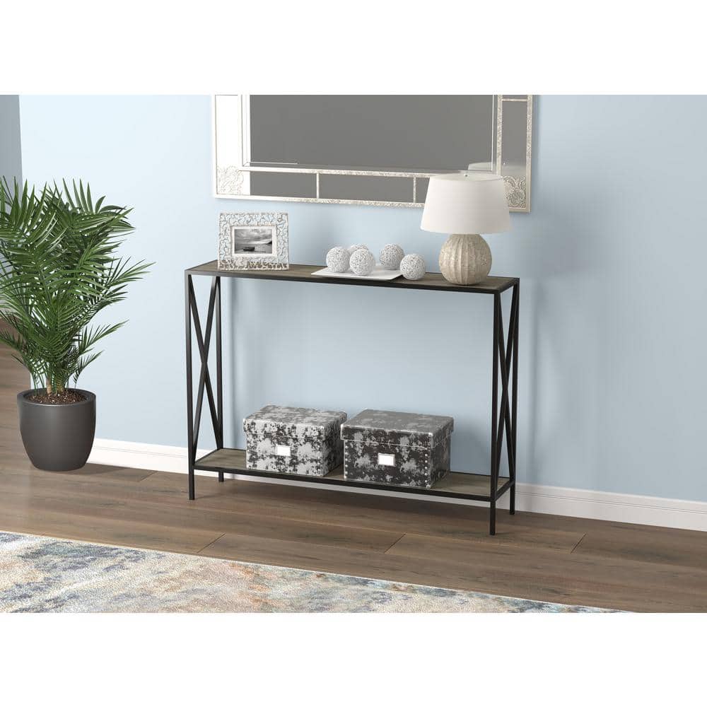 39.5" Black Metal and Dark Taupe Wood Console Table with Storage