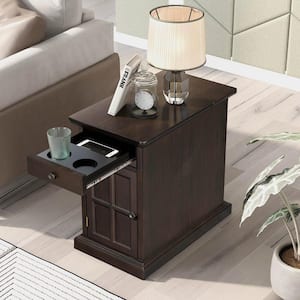 24.3 in. Antique Espresso Solid Wood End Table Side Table with USB Ports and Drawer with Cup Holders, No Assembly Needed