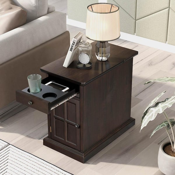 Harper & Bright Designs 24.3 in. Antique Espresso Solid Wood End Table Side Table with USB Ports and Drawer with Cup Holders, No Assembly Needed