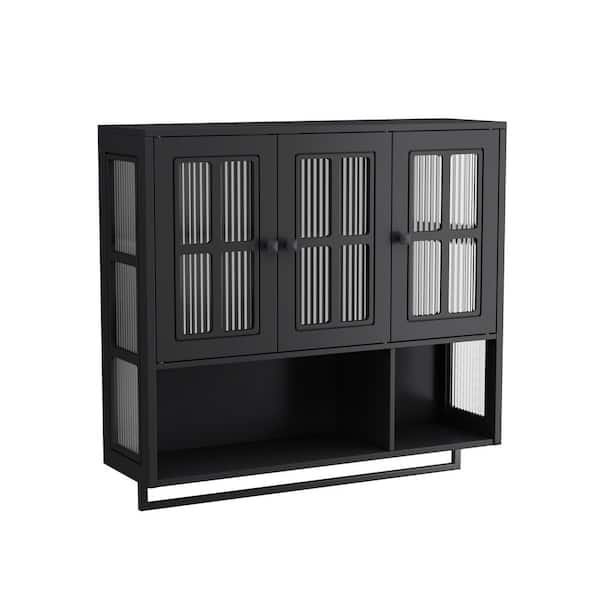 34.6 in. W x 10.2 in. D x 32.4 in. H Bathroom Storage Wall Cabinet with Open and Hidden Storage Space in Black