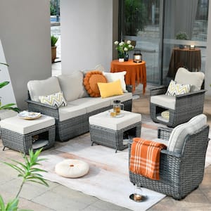 Echo Black 5-Piece Wicker Multi-Function Pet Friendly Outdoor Patio Conversation Sofa Set with Beige Cushions