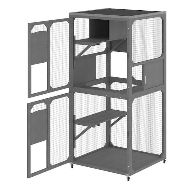 Gray 4 Tiers Cat House with Wheels, Resting Box & Waterproof Roof Large ...