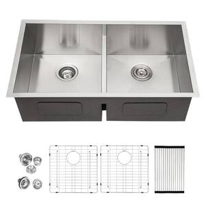 50/50 Double Bowl 16-Gauge Stainless Steel 33 in. x 19 in. Undermount Kitchen Sink with Bottom Grid