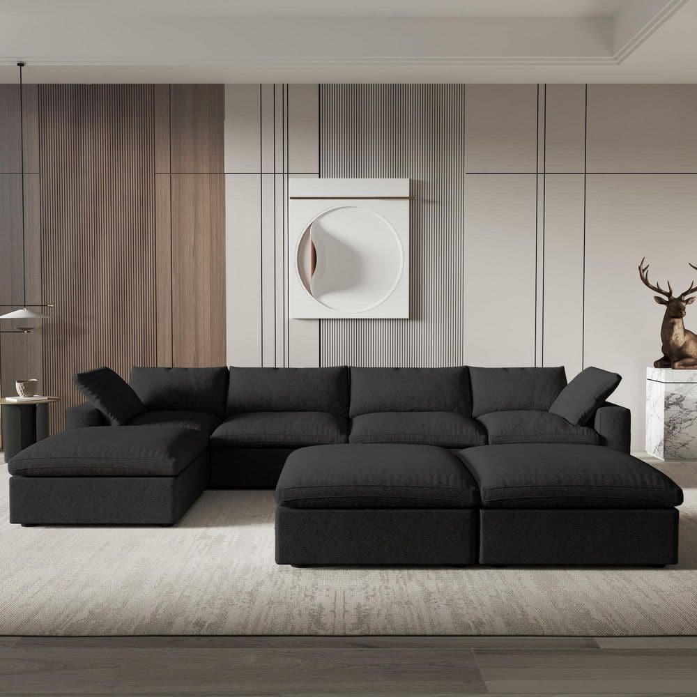 7-piece Black Feather Sectional Sofa 157.3 in. Linen Polyester Modular Free Combination Living Room Set with Storage