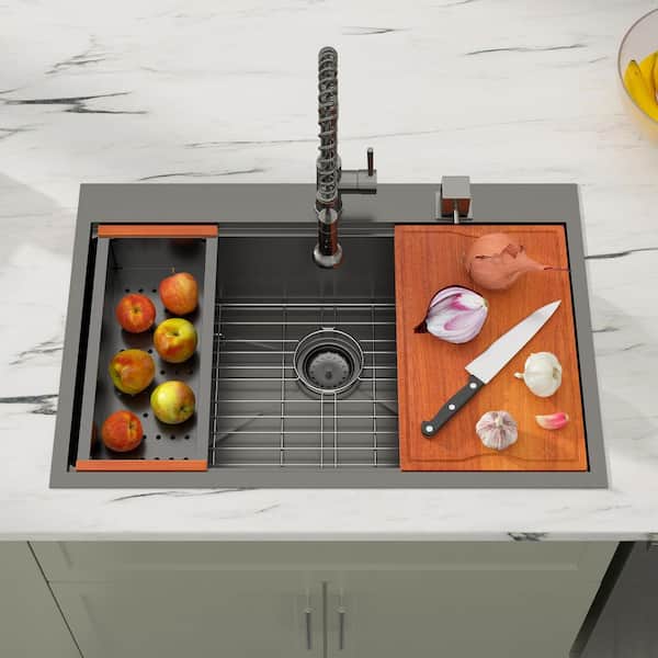 33 in. Workstation Gunmetal Black Drop-In Kitchen Sink, 16-Gauge 304-Stainless Steel, Nano-Coating Single Bowl Basin Set