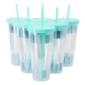 24 oz. Double Wall Blue Plastic Tumbler (Set of 6) with Lid and Straw