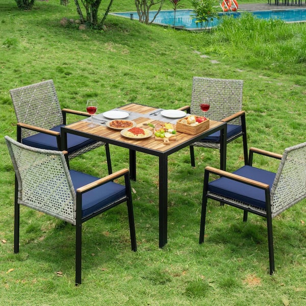 5-Piece Metal Outdoor Dining Table Set with Blue Cushions, Acacia Wood Table Top with Umbrella Hole, Gray