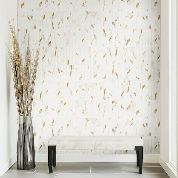 Calacatta Gold Stacked 12 in. x 12 in. Matte Porcelain Mesh-Mounted Mosaic Floor and Wall Tile (14.4 sq. ft. /Case)