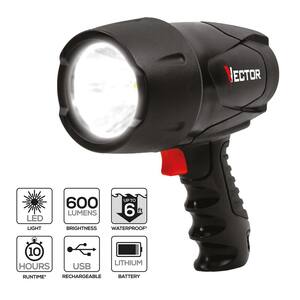 600 Lumen LED Waterproof Handheld Spotlight, Rechargeable, Includes 120V AC Home Charger and 12V DC Car Charger