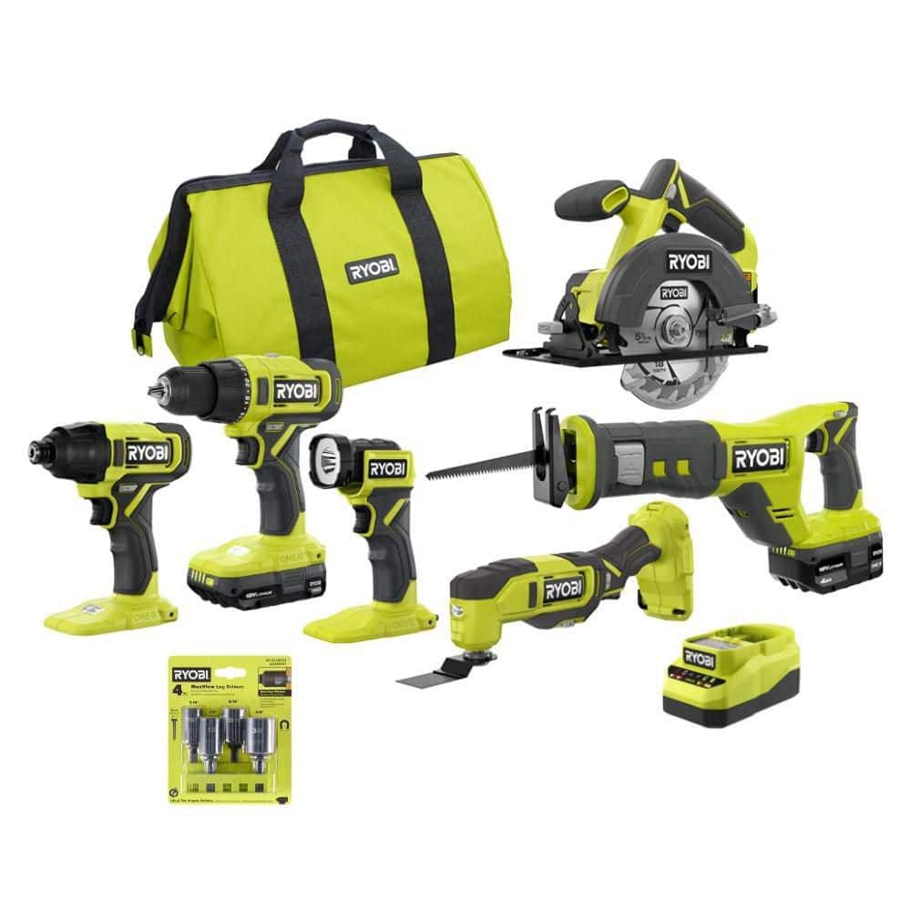 Ryobi ONE+ 18V 6-Tool Combo Kit w/ 2Ah Battery, 4Ah Battery, & Charger w/ 4PC MAXView Lag Driver Set