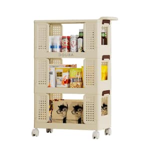 Beige 3-Tier Foldable Kitchen Cart, Rolling Storage Organizer, Shelving Unit with Lockable Wheels Snack Storage Cart