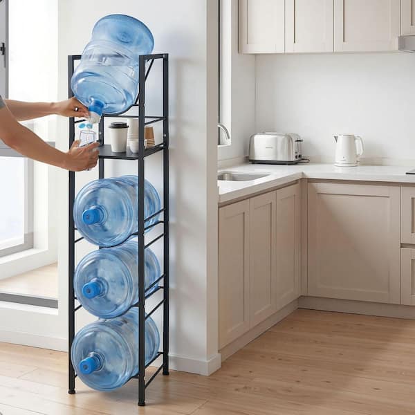 5-Tier Water Bottle Rack, Organizer for 3 and 5-Gal. Jugs, Adjustable Feet, Holds 4 Bottles with Storage Shelf, Black