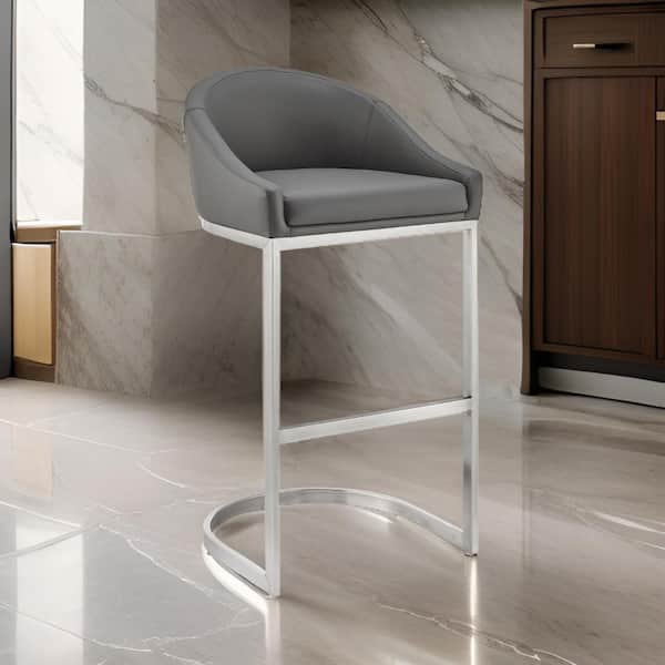 Benjara 26 in. Gray and Chrome Low Back Wood Frame Bar Stool with Faux Leather Seat