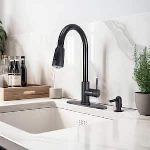 Single Handle High Spout Pull-Down Dual Sprayer Stainless Steel Kitchen Faucet with Soap Dispenser in Matte Black