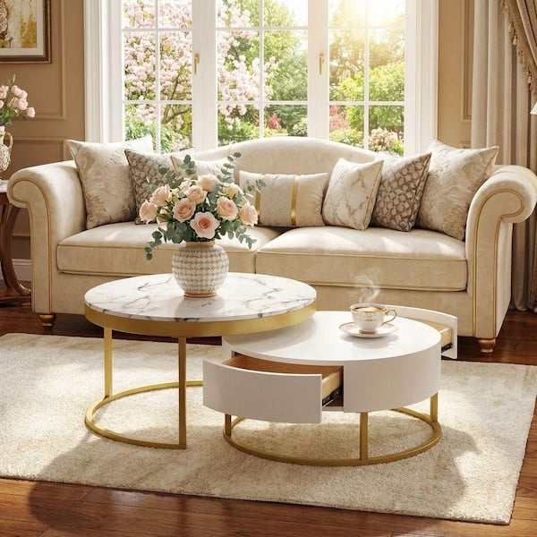 31.5 in. Golden and White Wood Round Nesting End Table with Drawers
