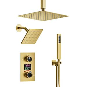Single Handles 3-Spray Ceiling Mount 12 and 6 in. Shower Head Shower Faucet with Anti Scald in. Brushed Gold