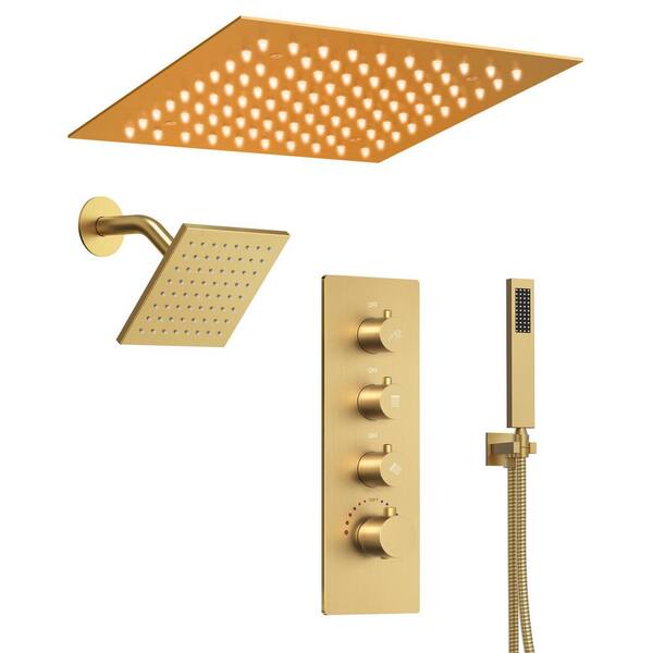 Chromotherapy 7-Spray Square 12 in. Ceiling Rain LED Shower System Fixed and Handheld Shower Head in Brush Gold 2.5 GPM