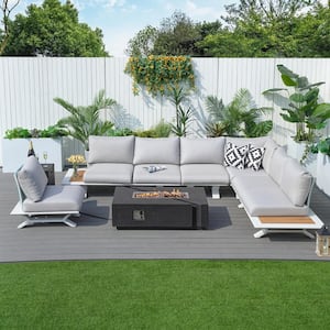 Black 7-Piece Aluminum Patio Fire Pit Sectional Seating Set with Gray Cushions