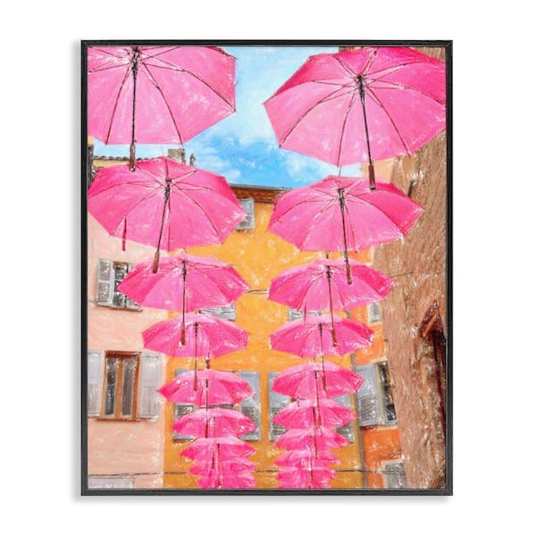 Stupell Industries Pink Umbrellas in Town by Graffi*tee Studios Black Framed Architecture Giclee Art Print 14 in. x 11 in.